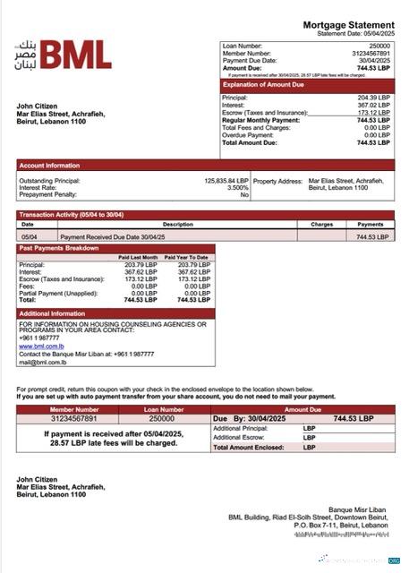 Download Lebanon Banque Misr Liban mortgage statement Word and PDF template Photoshop template